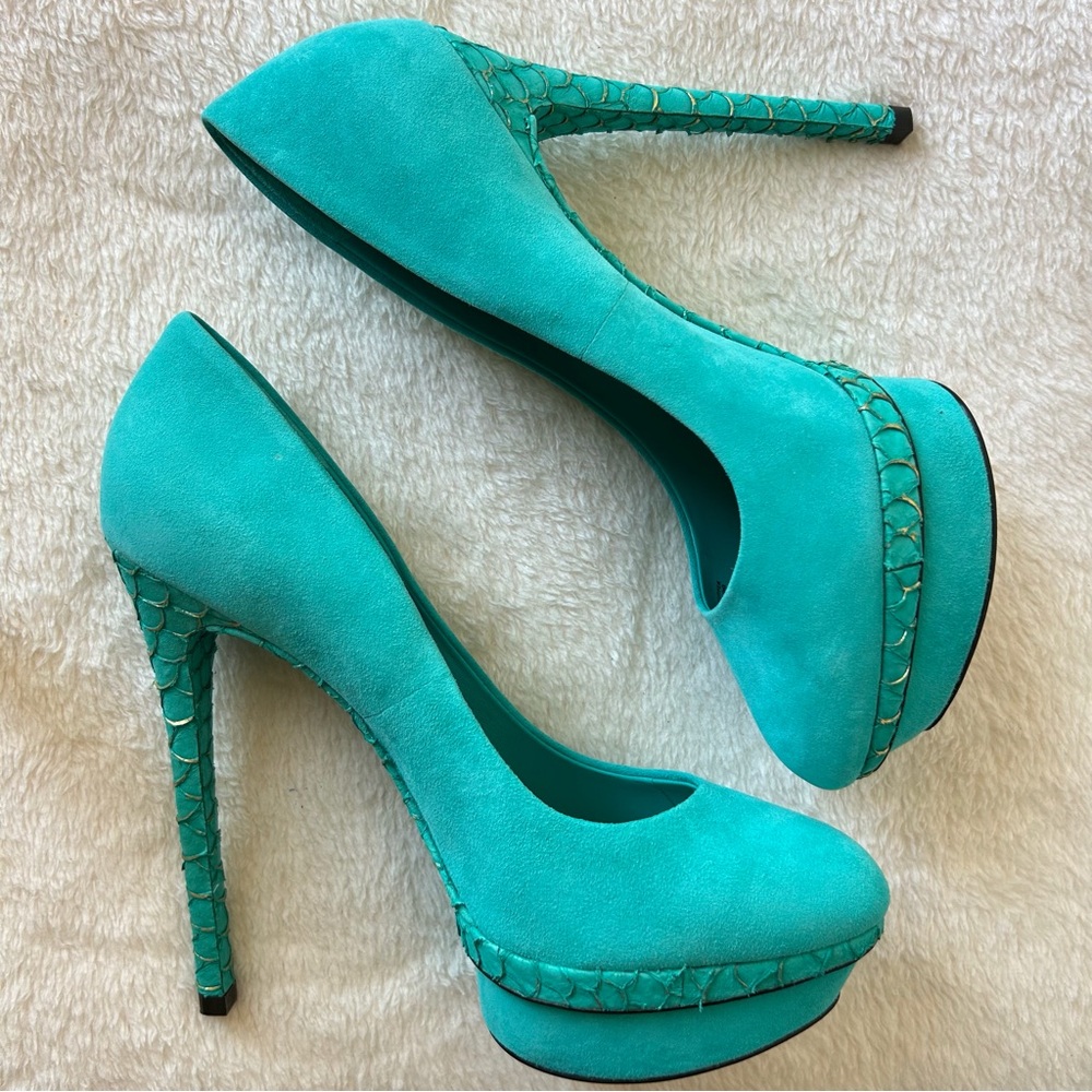 B Brian Atwood Fontanne Turquoise Ultra Suede and Snake Print Heels